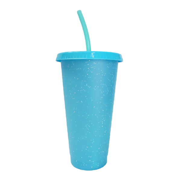 Vaso plástico purpurina celeste con tapa y pajilla 24oz cambia de color