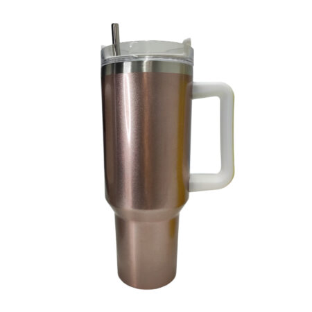 Tumbler oro rosa escarchado 40 oz con agarradera acero inoxidable