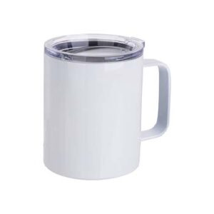 Taza blanca acero inoxidable con agarradera y tapa 12oz