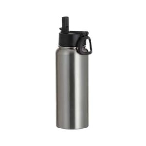 Botella plata acero inoxidable con tapa negra y pajilla 30oz