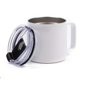 Taza blanca acero inoxidable con agarradera y tapa 14oz