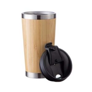 Vaso de acero inoxidable con cubierta de bambú con tapa negra 17oz (grabado láser)