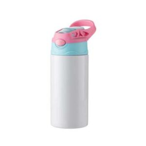 Botella Blanca de acero inoxidable 360ml con pajilla y tapa de color Térmica Rosa-Celeste