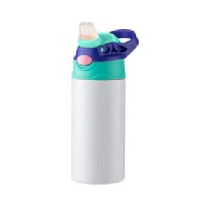 Botella Blanca de acero inoxidable 360ml con pajilla y tapa de color Térmica Verde-Azul