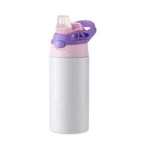 Botella Blanca de acero inoxidable 360ml con pajilla y tapa de color Térmica Rosa-Violeta