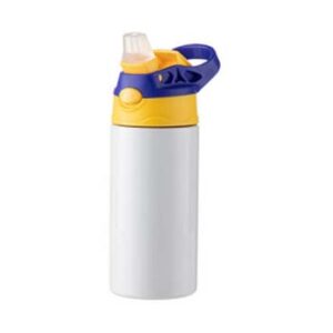 Botella Blanca de acero inoxidable 360ml con pajilla y tapa de color Térmica Amarillo-Azul