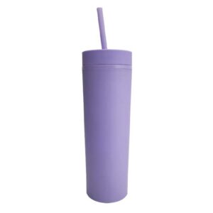 Vaso plástico púrpura claro con doble pared, tapa y pajilla
