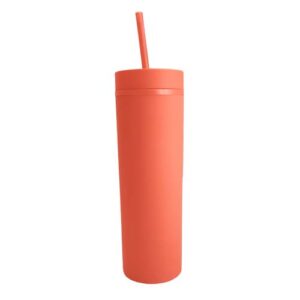 Vaso plástico rojo coral con doble pared, tapa y pajilla
