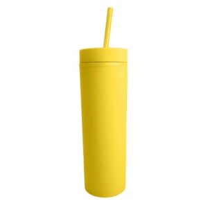 Vaso plástico amarillo con doble pared, tapa y pajilla