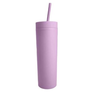 Vaso plástico púrpura claro con doble pared, tapa y pajilla