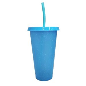 Vaso plástico purpurina Azul con tapa y pajilla  24oz cambia de color