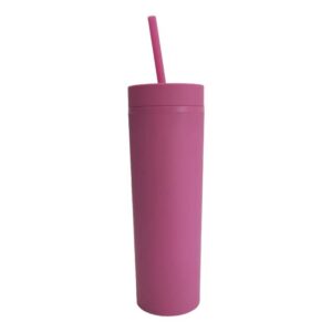 Vaso plástico fucsia (rosa dark) con doble pared, tapa y pajilla