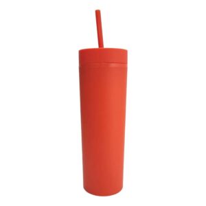 Vaso plástico naranja con doble pared, tapa y pajilla