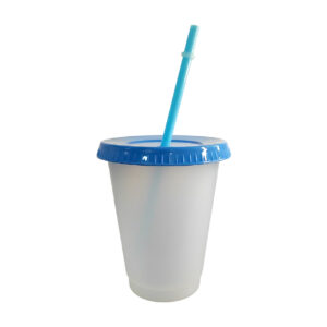 Vaso plástico Celeste con tapa y pajilla 16oz cambia de color
