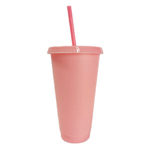 Vaso plástico Palo rosa con tapa y pajilla 24oz cambia de color