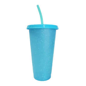 Vaso plástico purpurina celeste con tapa y pajilla 24oz cambia de color