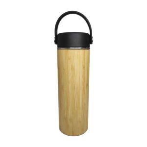 Botella con cubierta de bambu de 400ml con tapa y mango plástico (Grabado Láser)
