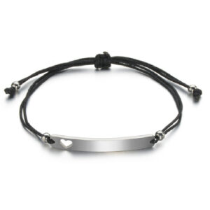 Pulsera con cordón negro placa plata con corazón de acero inoxidable